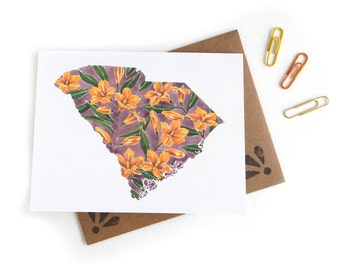 South Carolina Yellow Jessamine Hurricane Florence Donation Card | Watercolor South Carolina Outline State Flower Illustration