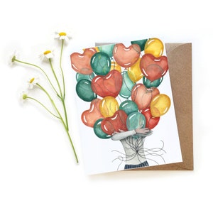 Heart Balloon Bouquet Tarjeta del Día de San Valentín / Tarjeta Galentine / Acuarela Original V Día Aniversario Tarjeta de Amor