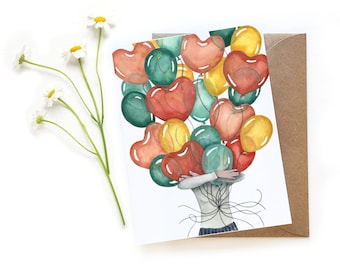 Heart Balloon Bouquet Valentine's Day Card | Galentine Card |  Original Watercolor V Day Anniversary Love Card