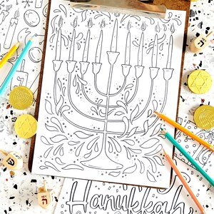 TÉLÉCHARGER Hanukkah Coloriages | 'Hanoucca Coloriage Dessinés à la main Dreidel Hanukkiah Illustrations Imprimable Téléchargement instantané Activité de vacances