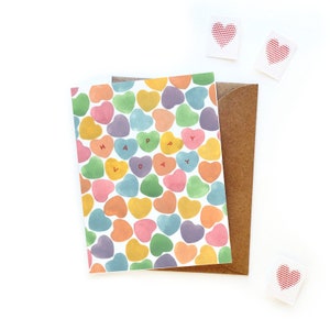 Happy VDay Candy Hearts Carte de Saint-Valentin | | de la carte Galentine Candy Hearts Valentine | Aquarelle originale V Day Candy Sweet Tooth