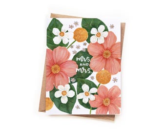 Mrs and Mrs Floral Wedding Card, Lesbian Same Sex Wedding Card, Two Brides Card, LGBTQ Wedding Congrats Card, Gay Marriage Card for Brides