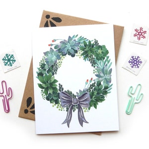 Succulenta Corona di Natale / Crazy Succulent Lady Holiday Card / Piccolo biglietto di auguri Acquerello / Moderne piante di Natale