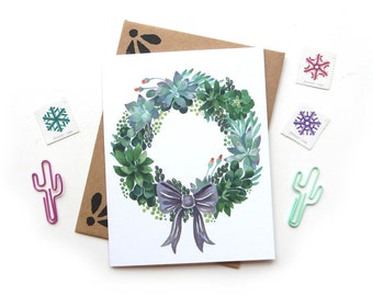 Succulent Wreath Christmas Greeting Card | Crazy Succulent Lady Holiday Card | Small Greeting Card Watercolor | Modern Xmas Card Plants