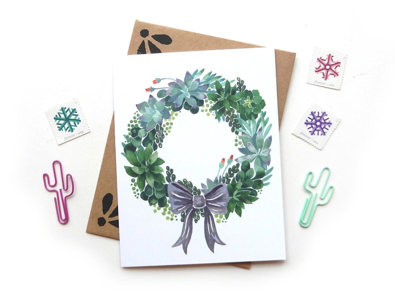 Succulent Wreath Christmas Greeting Card Crazy Succulent Lady Holiday Card Small Greeting Card Watercolor Modern Xmas Card Plants image 1