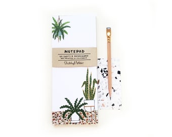 Terrazzo Houseplants Notepad | 50 Sheet Tearaway Notepad | Crazy Plant Lady Office Supply | Watercolor RicRac Cactus Illustration