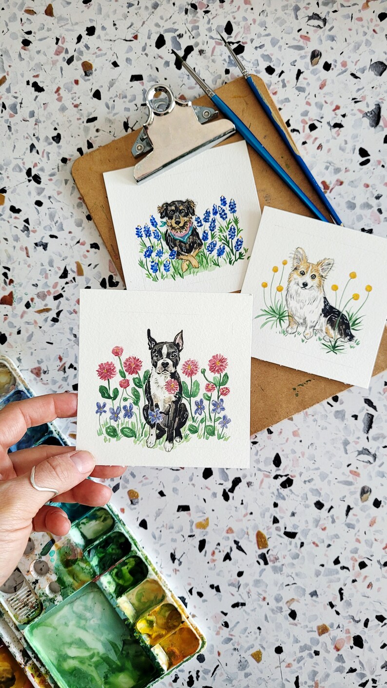 SALE 2023 NOT 2024 Tiny Dogs Flowers Calendar WITH Wooden Stand Watercolor Illustration Handmade Desk Calendar image 5