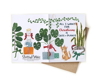 Christmas Cats + Plants Wrap Card | All I Want for Christmas is Cats and Plants Watercolor Xmas Card