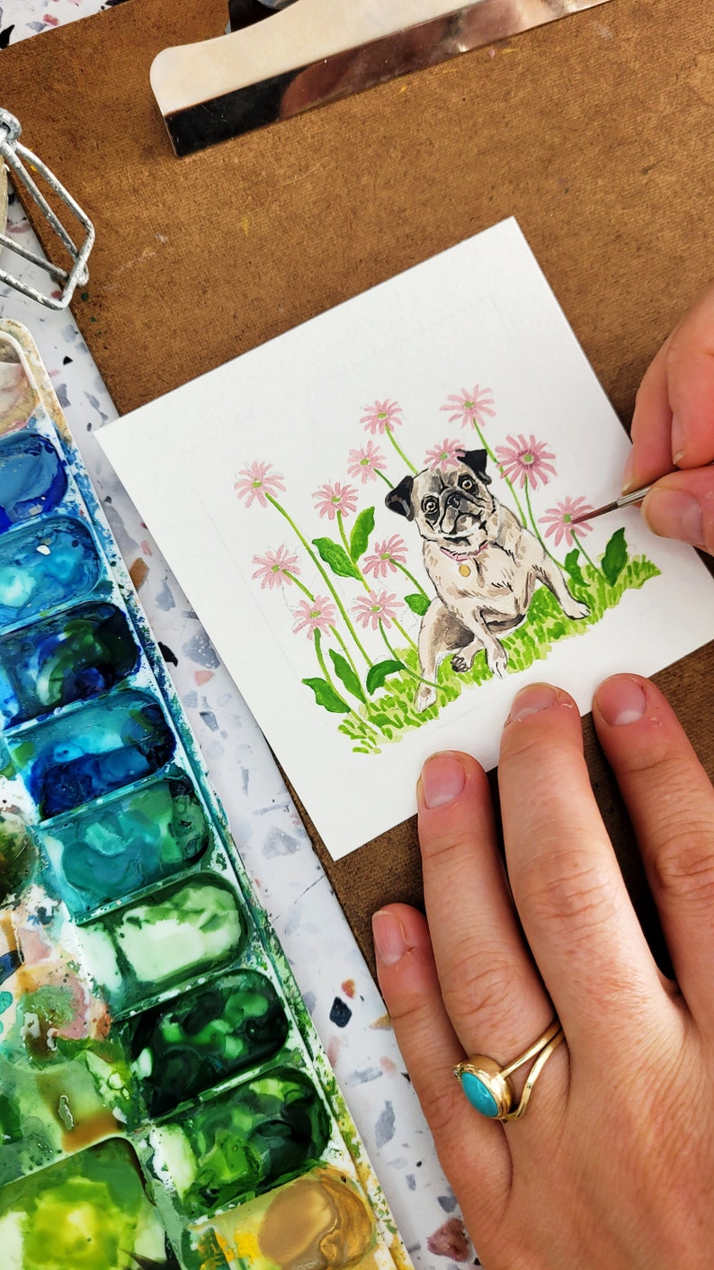 SALE 2023 NOT 2024 Tiny Dogs Flowers Calendar WITH Wooden Stand Watercolor Illustration Handmade Desk Calendar image 4