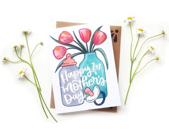 Happy 1st Mother's Day Card | Original Calligraphy Brush Lettering A2 Card | First Mother's Day Card | New Mom Card | Tulips Bottle Card