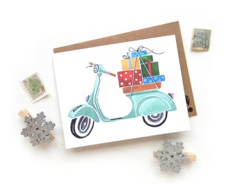 Holiday Vespa Presents Small Greeting Card | Handwritten Brush Lettering Small Greeting Card Watercolor