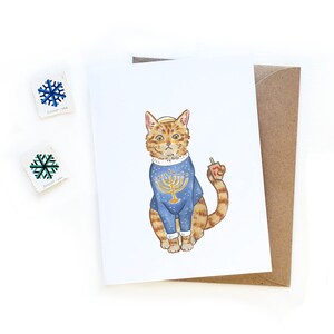 Ugly Hanukkah Sweater Cat Card | Aquarelle Illustration Carte de vacances | Chanukkah Cat