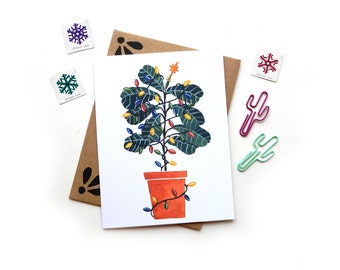 Fiddle Leaf Fig Charlie Brown Christmas Tree | Holiday Watercolor Vintage Christmas Lights Illustrated Card Wholesale