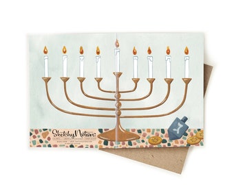 Hanukkah Menorah Wrap Watercolor Card | Modern Hanukkiah Greeting Card Watercolor Chanukkah Card Judaica