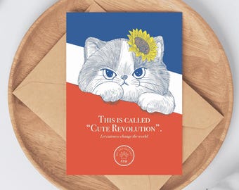 Afdrukbare postkaart met schattige kat | Vintage cartoonillustratie "Leuke revolutie" | Grappig dierlijk briefpapier | Digitale download