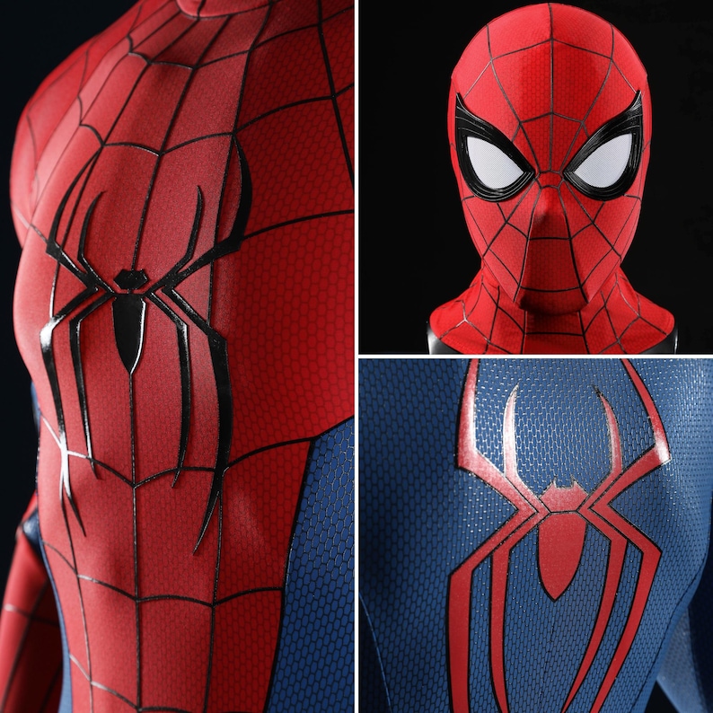 May include: A red and blue textured bodysuit featuring a black spider emblem on the chest, a matching red mask with large white eye lenses, and a secondary blue section displaying a large red spider emblem with a detailed honeycomb pattern.