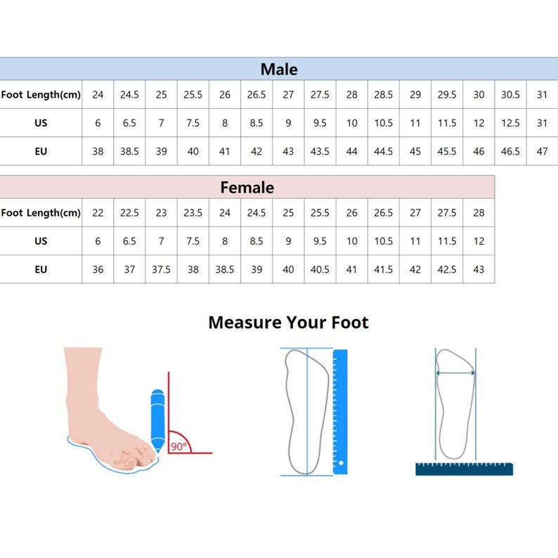 Puede incluir: Una tabla de conversi&oacute;n de tallas de calzado con dos secciones tituladas Male y Female, que muestra la longitud del pie en cent&iacute;metros junto a las tallas US y EU. Debajo, una gu&iacute;a titulada Measure Your Foot ilustra c&oacute;mo medir el pie.