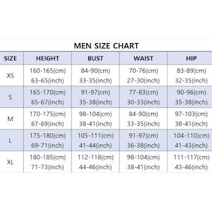 May include: A size chart table titled MEN SIZE CHART with columns for size, height, bust, waist, and hip. Rows range from XS to XL, providing measurements in both centimeters and inches for each category to assist with garment sizing selection.