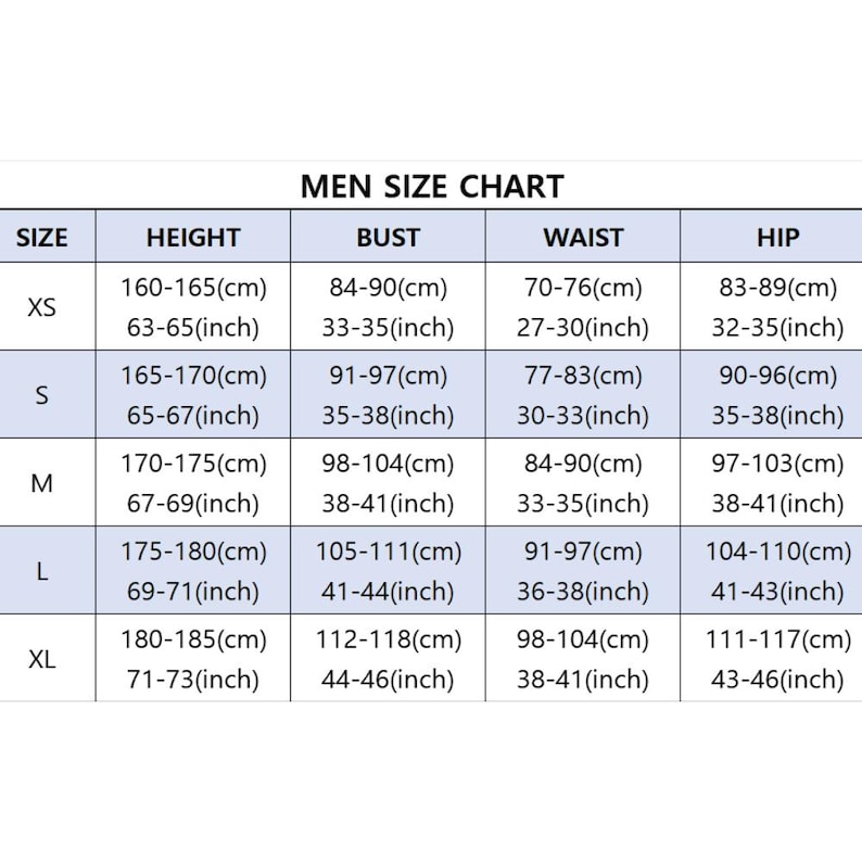May include: A size chart table titled MEN SIZE CHART with columns for size, height, bust, waist, and hip. Rows range from XS to XL, providing measurements in both centimeters and inches for each category to assist with garment sizing selection.