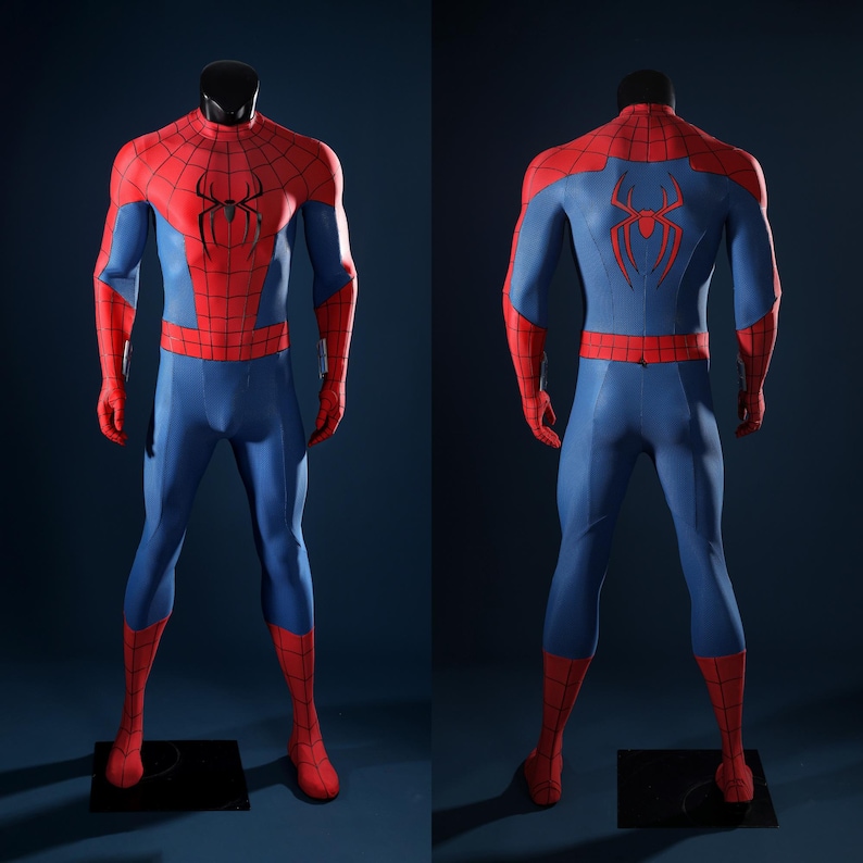 May include: A full-body spandex bodysuit featuring a red and blue color scheme with a black spider emblem on the chest and a red spider emblem on the back. The suit includes a red web pattern on the head, shoulders, and lower legs, with solid blue sections.