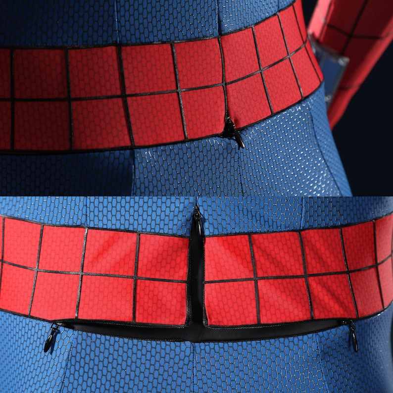 May include: A blue and red bodysuit featuring a textured honeycomb pattern across the blue sections and a grid-like black line design on the red waist band. The garment includes a central zipper closure along the back for a secure fit.