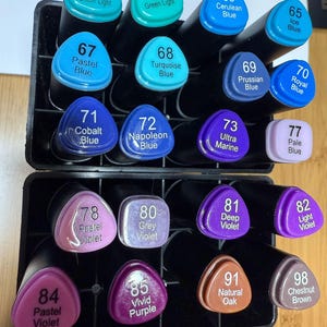 Könnte beinhalten: Eine Sammlung farbiger Kunstmarker in einem schwarzen Organizer. Die Marker haben verschiedene Blau-, Grün-, Lila- und Brauntöne. Jeder Marker ist mit einem Farbnamen und einer Nummer beschriftet, wie z. B. "57 Turquoise Green Light" und "85 Vivid Purple."