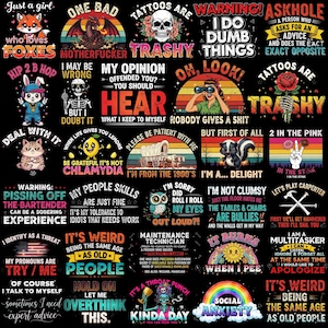 May include: A collage of humorous graphic designs on a black background. The designs feature various phrases and illustrations, including a fox, a skull, a skunk, and a rainbow, with bold text and vibrant colors.