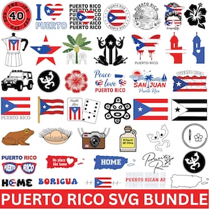 以下が含まれることがあります： プエルトリコをテーマにしたSVGグラフィックのコレクション。旗、ハート、"Puerto Rico"、"San Juan"、"Home"などのテキスト要素が含まれています。カエル、ドミノ、コーヒーポットなど、さまざまなデザインが特徴です。バンドルは「Puerto Rico SVG Bundle」と表示されています。