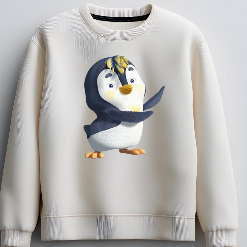 K&ouml;nnte beinhalten: Cremefarbenes Sweatshirt mit einem Cartoon-Pinguin-Design. Der Pinguin hat einen blau-schwarzen K&ouml;rper, gelbes Haar und orangefarbene F&uuml;&szlig;e. Das Sweatshirt hat einen Rundhalsausschnitt und lange &Auml;rmel. Der Pinguin l&auml;chelt und hat den Arm erhoben.