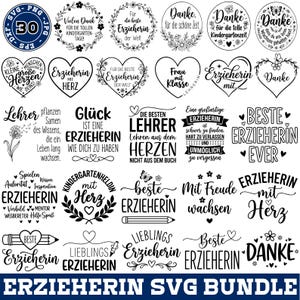 Op de afbeelding: Een digitale collectie van 30 zwart-wit grafische ontwerpen met Duitse tekst, bloemenkransen, harten en schoolgerelateerde iconen zoals potloden en paardenbloemen. De bundel bevat diverse zinnen die leraren en opvoeders eren in verschillende lettertypes.