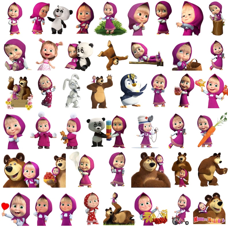 K&ouml;nnte beinhalten: Eine Sammlung von Cartoon-Illustrationen, die ein junges M&auml;dchen in einem rosa Kleid und einer Kopfbedeckung zeigen, oft mit einem B&auml;ren oder anderen tierischen Begleitern. Die Bilder variieren in Pose und Aktivit&auml;t.