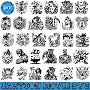 Könnte beinhalten: Eine Sammlung von 50 Schwarz-Weiß-Cartoon-Film-SVG-Dateien. Die Bilder zeigen Charaktere aus verschiedenen Animationsfilmen, wie z. B. Disney-Prinzessinnen, Superhelden und andere beliebte Charaktere. Die Bilder sind in einem detaillierten, stilisierten Design.