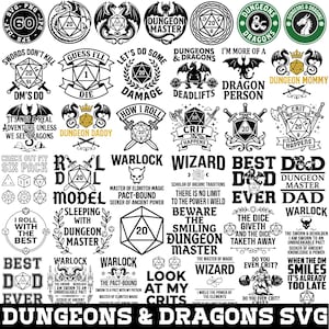 May include: A collection of black and white digital graphic designs featuring Dungeons and Dragons themes, including twenty-sided dice, dragons, swords, and various text phrases like Dungeon Master, Warlock, and Crit Happens, arranged in a grid.