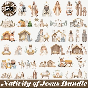 May include: A collection of watercolor illustrations featuring the Nativity of Jesus. The images include depictions of Mary, Joseph, baby Jesus, angels, the Three Wise Men, and various animals, all in a soft, pastel color palette. The text "Nativity of Jesus Bundle" is at the bottom.