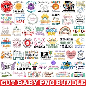 Op de afbeelding: Een verzameling kleurrijke PNG-afbeeldingen met verschillende baby-thema's en illustraties. Ontwerpen omvatten zonnen, monsters, regenbogen en tekst zoals "Mommy's Little Monster" en "Baby's First Christmas".