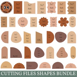 May include: A collection of various shapes in shades of brown and beige, including rectangles, circles, and irregular forms. Each shape is labeled with dimensions such as 5x7 inches, 4x6 inches, and A6. The text "CUTTING FILES SHAPES BUNDLE" is at the bottom.