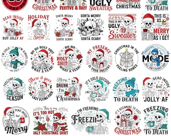 クリスマスの頭蓋骨のPNGバンドル、クリスマスのスケルトンのPNG、クリスマスのPNG、面白いクリスマスのユーモアのPNG、面白いクリスマスのPNG、サンタのスケルトンのグラフィック