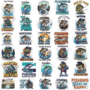 K&ouml;nnte beinhalten: Eine Sammlung farbenfroher Designs zum Thema Angeln. Jedes Design zeigt einen Fisch mit Texten wie "Gone Fishing", "Fishing Makes Me Happy" und "Hooker". Geeignet f&uuml;r Kleidung und Accessoires.