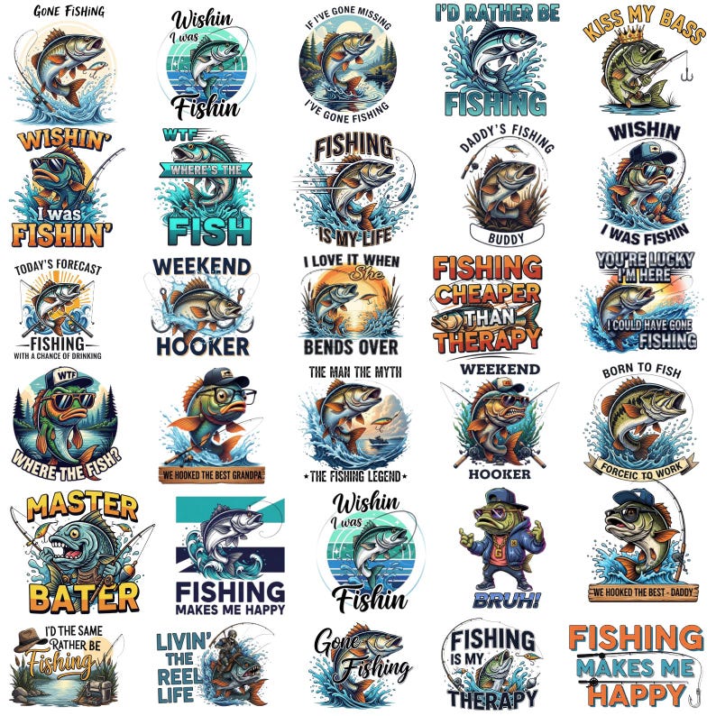 K&ouml;nnte beinhalten: Eine Sammlung farbenfroher Designs zum Thema Angeln. Jedes Design zeigt einen Fisch mit Texten wie "Gone Fishing", "Fishing Makes Me Happy" und "Hooker". Geeignet f&uuml;r Kleidung und Accessoires.