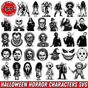 May include: A collection of 50 black and white digital illustrations featuring various horror movie characters, monsters, and villains. The graphic set includes icons of masked slashers, ghosts, and creatures, with text reading 50 SVG PNG JPG EPS DXF.