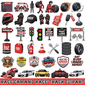 Puede incluir: Una colección de imágenes prediseñadas de carreras que incluye un garaje de boxes, coches de carreras, pilotos, neumáticos, cascos, un asiento de carreras, una gorra negra con la palabra RACE, guantes, señales, llaves y varios emblemas.