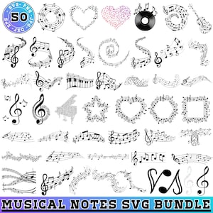 以下が含まれることがあります： さまざまなデザインの50個の音符SVGファイルのコレクション。ト音記号、五線譜、音符で作られたハートや星などの形が含まれています。「MUSICAL NOTES SVG BUNDLE」というテキストが下にあります。