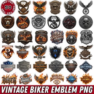 May include: A collection of 50 digital graphic emblems featuring motorcycle-themed imagery including skulls, eagles, dragons, flames, and Harley-Davidson branding. The designs are presented in various shield, circular, and badge shapes with text.