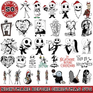 May include: A collection of black and white illustrations and graphics featuring characters and themes from "The Nightmare Before Christmas." Includes Jack Skellington, Sally, and other elements, with text that reads "Nightmare Before Christmas SVG."