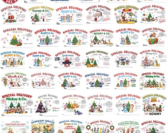 May include: A collection of cartoon Christmas Santa sack PNG images. Each image features a "Special Delivery" label with various cartoon characters, Christmas trees, and snowflakes. The labels include "To:" and "For:" fields.