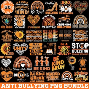 Puede incluir: Una colección de gráficos PNG contra el acoso escolar en naranja y negro. Los diseños incluyen texto como "Be Kind", "Stop Bullying" y "Unity Day", junto con imágenes de corazones, arcoíris y girasoles. El paquete es para el Día de la Unidad.