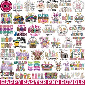 May include: A collection of colorful PNG graphics with Easter themes. Designs include bunnies, eggs, and inspirational phrases like "Happy Easter," "Jesus fills my cup," and "He is Risen." The bundle is perfect for crafting and digital projects.