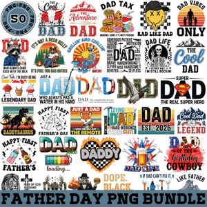Puede incluir: Una colección de gráficos PNG del Día del Padre. Los diseños incluyen gráficos basados en texto con frases como "Cool Dad", "Super Dad" y "Legendary Dad". Otros gráficos presentan ilustraciones de un dinosaurio, un zorro y herramientas.