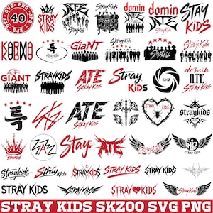 Puede incluir: Una colección de gráficos SVG y PNG de Stray Kids. Los diseños incluyen el nombre de la banda, logotipos e imágenes relacionadas en varias fuentes y estilos. La paleta de colores es principalmente roja, negra y blanca.