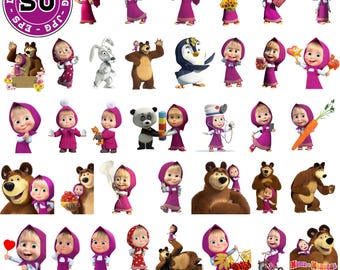 Masha and The Bear Clipart, Birthday Party Supplies, Cake Topper, Printable Party Decorations, Digital Png Files, Alphabet, Png 50 Pieces